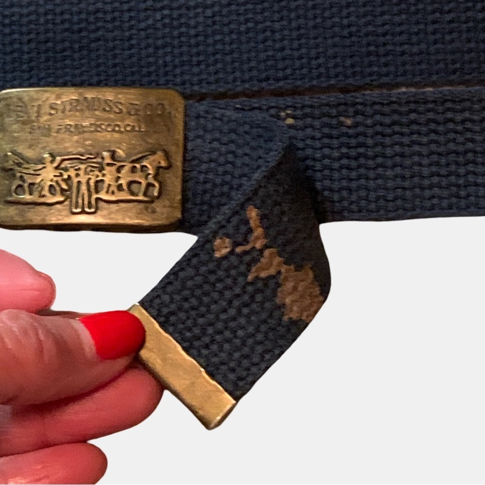Vtg Levi Strauss Blue Canvas Dual Horse Brass Buckle Clasp Belt 38” Tip To Tip - Picture 3 of 3